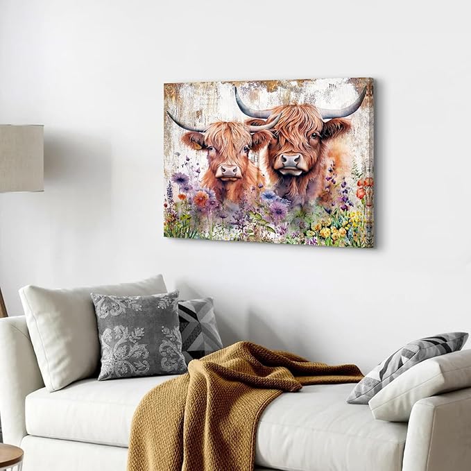 Cute Highland Cow Wall Art Rustic Cows Picture Wall Decor Nursery Room Decor Farmhouse Scottish Cow Wildflower Painting Western Country Cattle Poster Artwork for Bathroom Living Room Decoration 20x30"