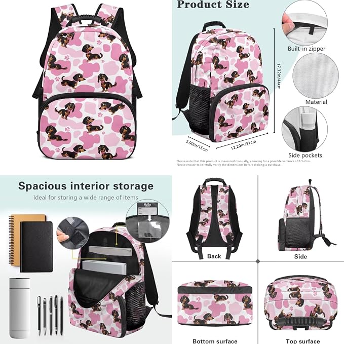 ZFRXIGN Cute Dachshund Dog Girls Backpack 17inch Elementary School Bookbag with Cute Pendant 4pc Backpack Set for Kids Girls Insulated Lunch Box Cow Print Pencil Case