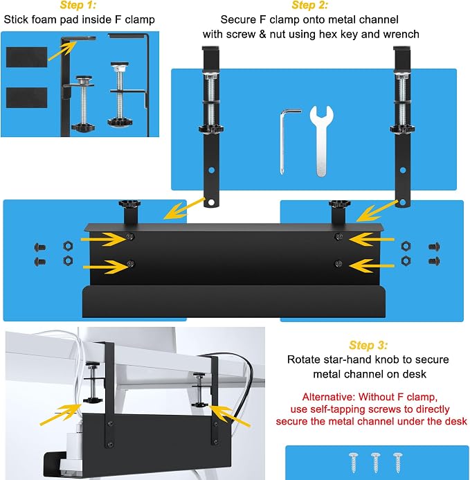 ZhiYo 16.5in Steel Cable Management Under Desk Tray, Large Clamp-On Under Table Cord Hider Tray, No Drill Cable Organizer for Desk, Wire Management Raceway, Black Rack, W3in x H4.7in
