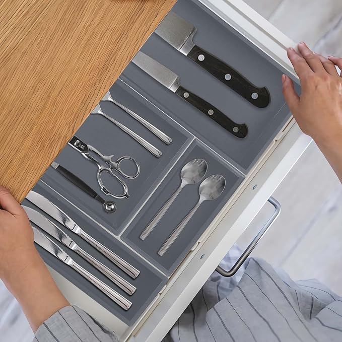 PRATIQUE Bamboo Drawer Organizer - Kitchen Utensil Organizer Silverware Tray Cutlery Holder，Office Desk Supplies and Accessories,8.9 * 5.9 * 2.6,Grey