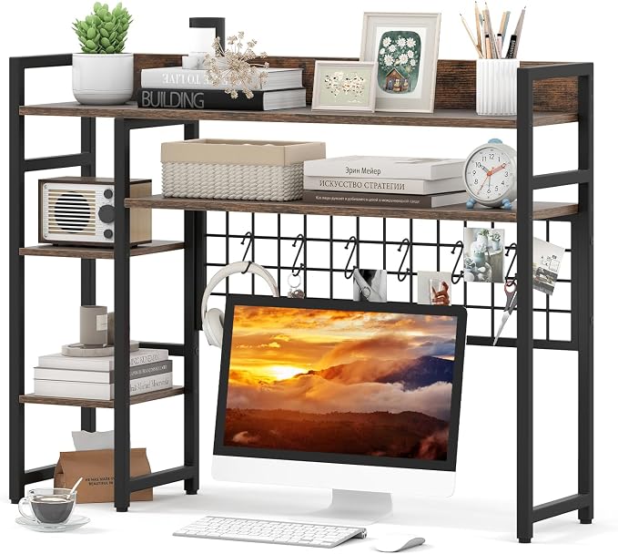 Tangkula Desktop Bookshelf for Computer Monitor Up to 32”, 37" x 29" Countertop Storage Hutch with 4 Open Storage Shelves, Grid Panel, Anti-tip Device, 4-Tier Desktop Display Shelves for Home Office