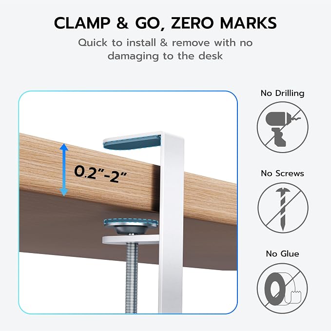 ARES WING 17"-28.7" Extendable Under Desk Cable Management Tray, No-Drill | Clamp-on Metal Cord Organizer with Cable Slots, Holds up to 11 lbs Desk Storage for Office and Gaming Accessories, White