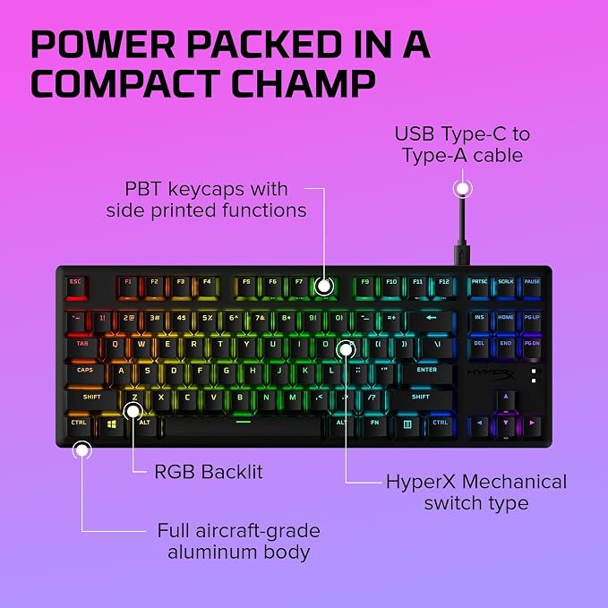 HyperX Alloy Origins Core Mechanical Gaming Keyboard PBT Keycaps Tenkeyless TKL Blue Switch Clicky LED RGB Backlight Playstation Xbox Licensed for PC, PS5, PS4, Xbox Series X|S, Xbox One, Desk Setup