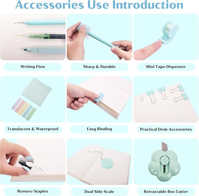 Mini Office Supplies, Teal Mini Stapler with Staples and Tape Dispenser Set, Mini Stationary Kit Includes Sticky Notes Index Tabs Highlighters Gel Pens for Office & School Supplies (Teal)