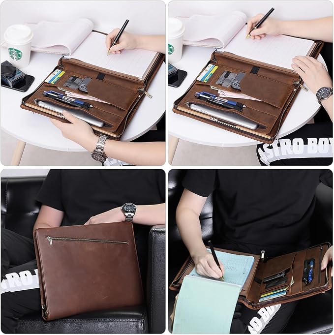 Crazy Horse Leather Portfolio Binder with 3-Zipper, Executive Padfolio Business Organizer & Resume Portfolio with iPad Holder, Legal Pad Portfolio for Men, Meetings, Interviews & Business Travel