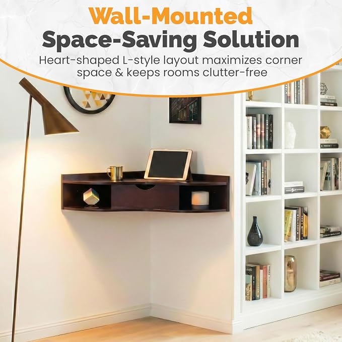 Basicwise Black Heart Shaped Wall Mounted Office Table with Drawer and Two Shelves Computer Writing Corner Desk QI004024.BN