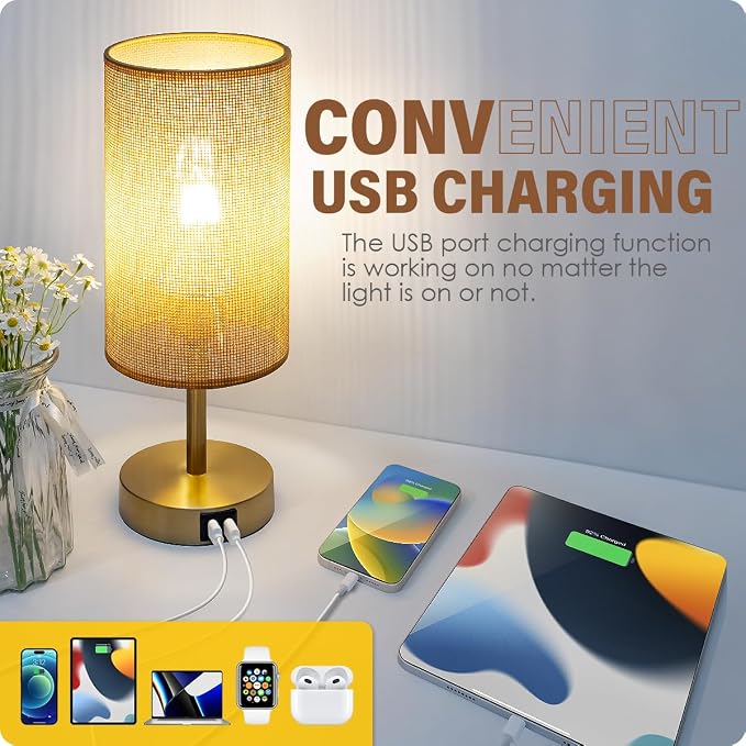 Yarra-Decor Bedside Lamp with USB Port - Touch Control Table Lamp for Bedroom Wood 3 Way Dimmable Nightstand Lamp with Round Flaxen Fabric Shade for Home Office (LED Bulb Included) (Y - NET)