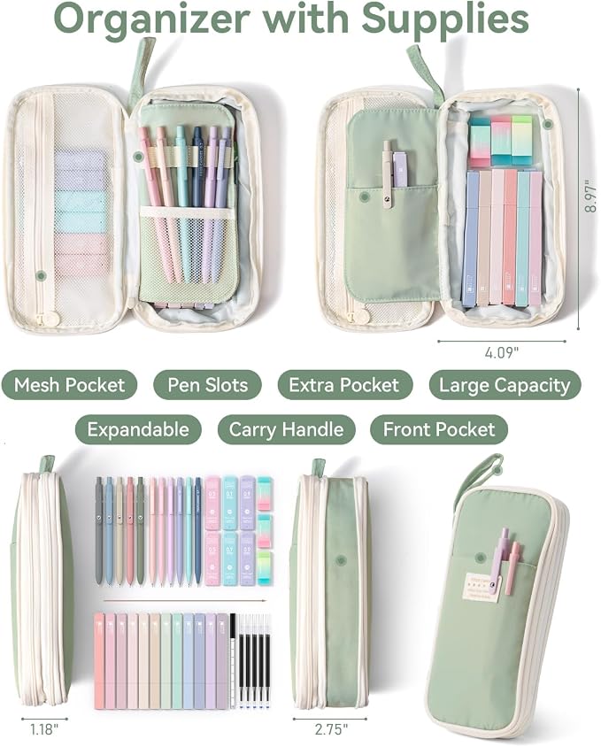 Four Candies 39PCS School Stationery Set, Pen Case with Supplies, Green | 12 Highlighters, 5 Gel Pens, 6 Mechanical Pencils, Cute Aesthetic, Back to School Supplies, College & Nursing Essentials