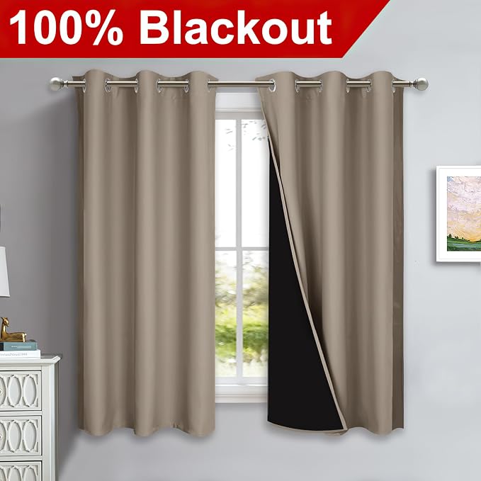 NICETOWN 100% Blackout Curtains with Black Liners, Solid Thermal Insulated Full Blackout 2-Layer Lined Drapes, Energy Efficiency Window Draperies for Bedroom (2 Panels, 42" W by 63" L, Taupe)