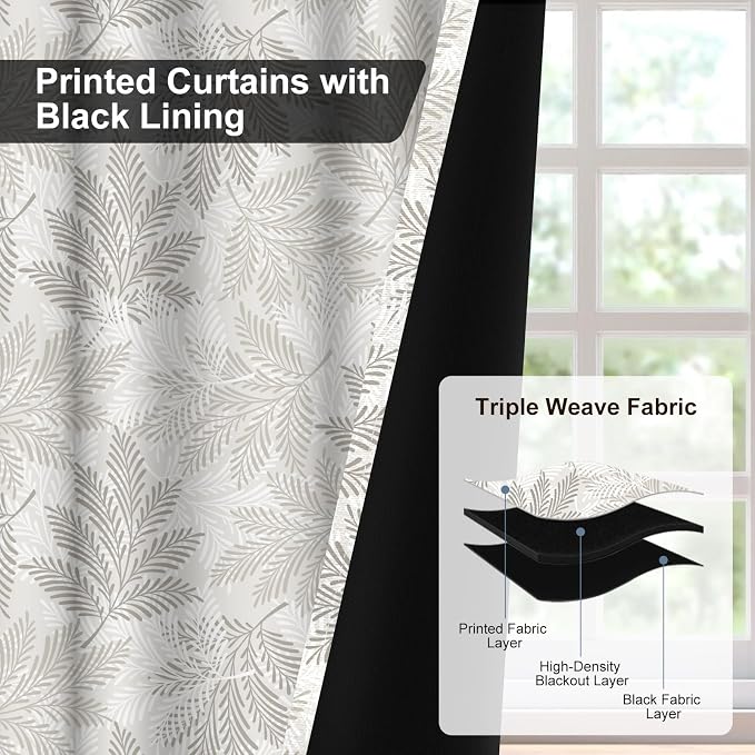 Blackout Curtains for Bedroom Living Room, Grommet Thermal Insulated Room Darkening Bedroom Curtains, Pine Needles Print Drapes 84 Inch Long 2 Panels Set Light Filtering Reduce Noise Protect Privacy