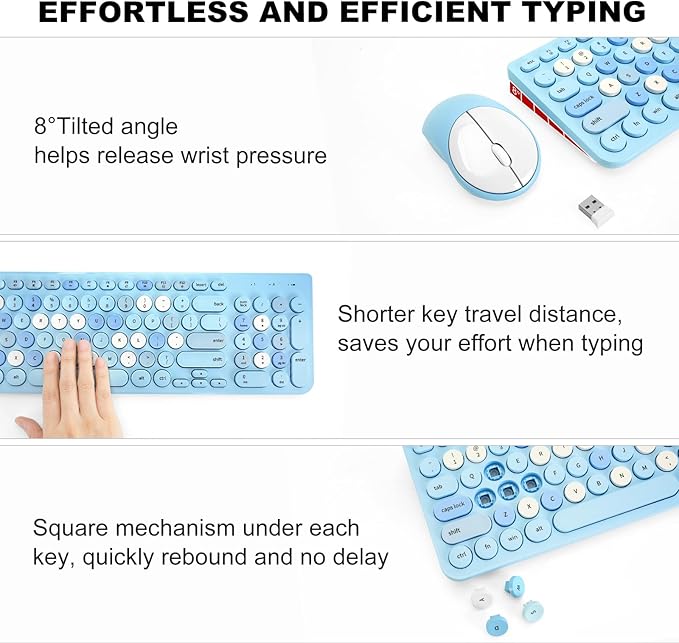 Wireless Keyboard and Mouse Combo, Retro Typewriter Keyboard with Round Keycaps, 2.4GHz USB Cute Wireless Keyboard Mouse for Computer, Desktop, Laptop (Blue Colorful)