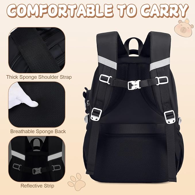 Capybara Backpack for School Girls, 30PCS Capybara Gifts School Supplies Stationery Set with Lunch Box Pencil Case Pens Pencils Notebook Cartoon for Kindergarten Elementary Student(Black)