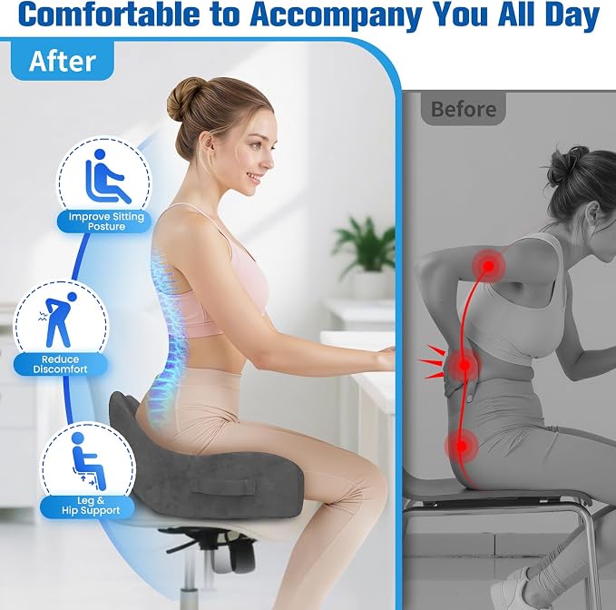 Seat Cushion, Chair Cushions, Memory Foam Office Chair Cushion | Hip & Sciatica & Tailbone Pain Relief, Long Sitting Comfort for Office Chairs/Desk Seats/Wheelchair (Large, Grey)