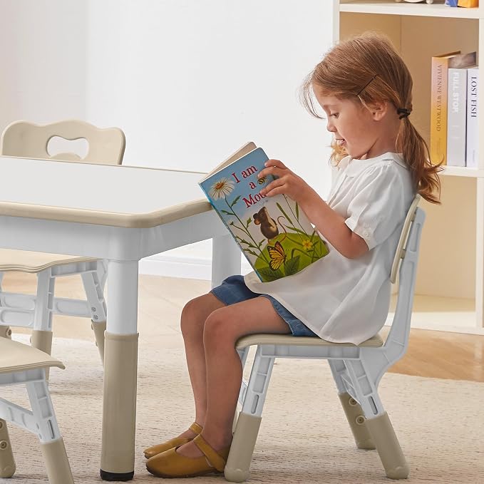 DOREROOM Adjustable Kids Table & 4 Chairs Set, 31.5" L x 23.6" W, Natural | Graffiti Desktop,Table Supports 300 lbs,Toddler Ages 2-8，FSC-certified, Children Activity Table for Daycare, Classroom, Home