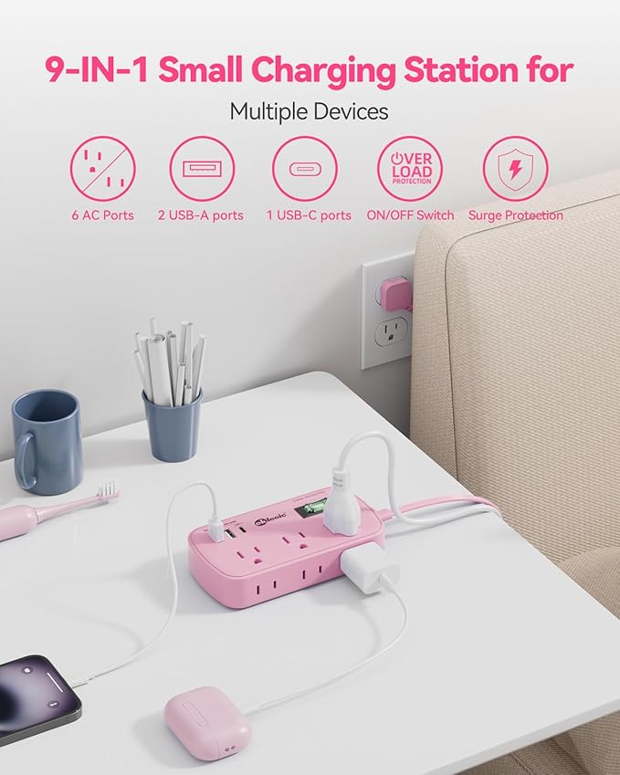 Pink Extension Cord - 5Ft Travel Power Strip with 3 USB(1 USB C) 17W Charging Station and 6 Outlets, Pink Desk Accessories with Surge Protector for Cute Kawaii Gifts College Dorm Desk
