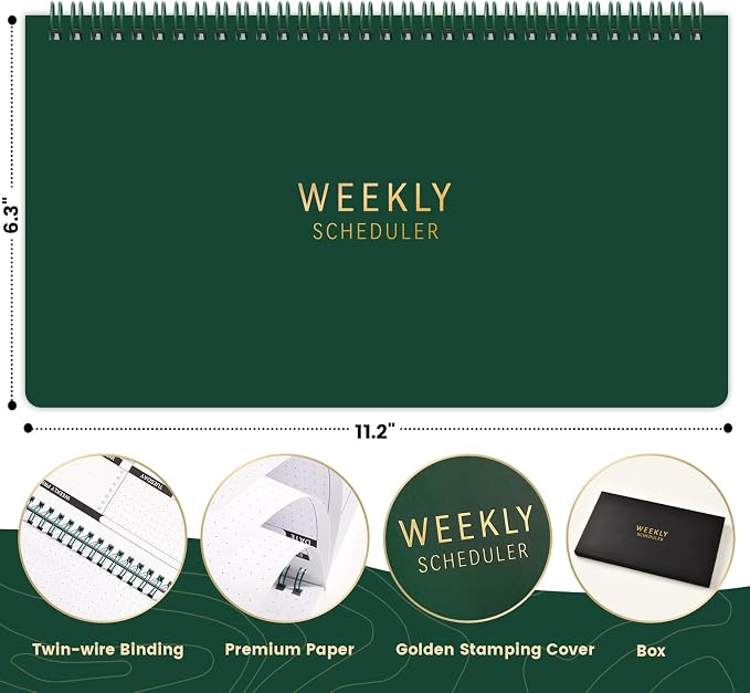 Weekly Planner 2026-2027 - 11.2" x 6.3", Dark Green Spiral Bound, Thick Paper for Smooth Writing, Portable Size for Students, Teachers & Office Workers, 55 Weeks
