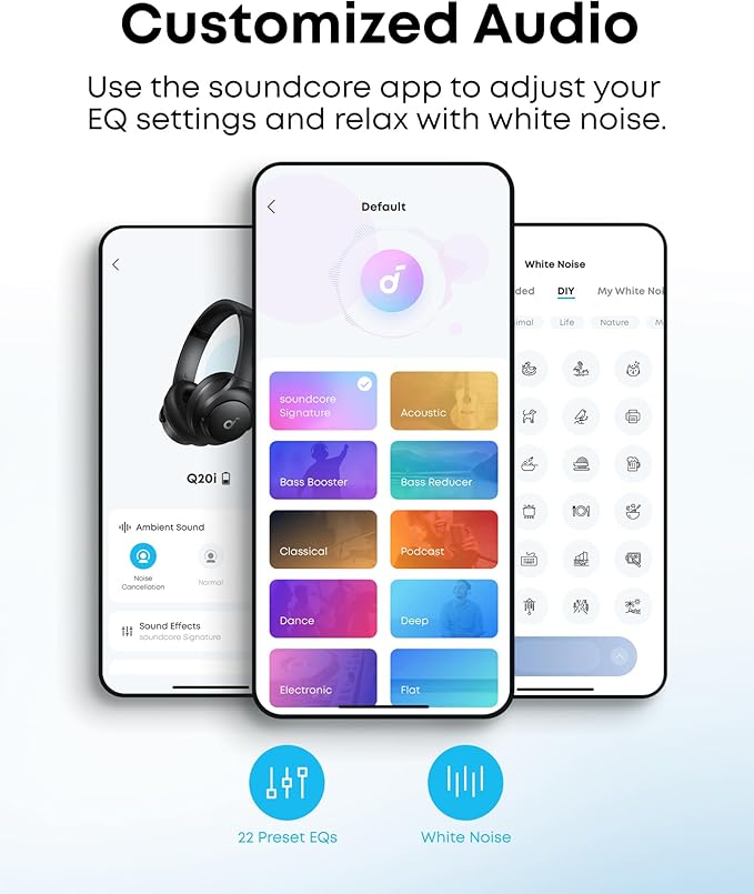 Soundcore by Anker Q20i Hybrid Active Noise Cancelling Headphones, Wireless Over-Ear Bluetooth, 40H Long ANC Playtime, Hi-Res Audio, Big Bass, Customize via an App, Transparency Mode (White) (Renewed)