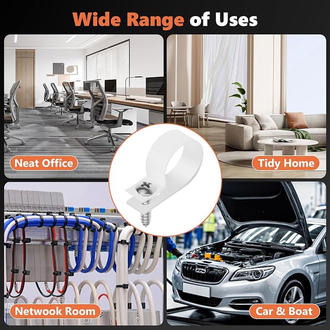 292Pcs White PA66 Nylon R Type Cable Clamps Clips Assortment Kit | Good Ductility, Fireproof, 6 Sizes (3/16'' 1/4'' 3/8'' 1/2'' 3/4'' 1''), 146pcs M4 Screws, for TV/PC/AC Cables & Wires.