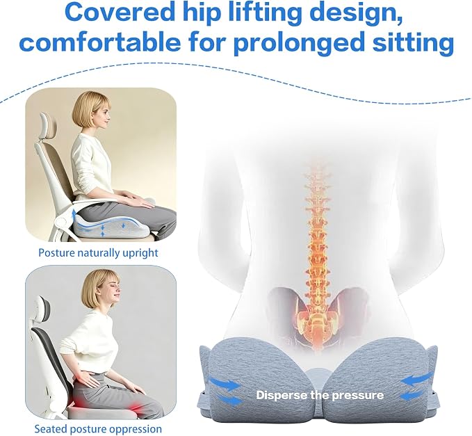 Memory Foam Seat Cushion for Sciatica & Tailbone Pain Relief – Comfort Support for Office Chair, Car Seat, Airplane, Long Sitting Workers & Drivers (Gray)