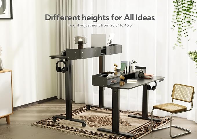 Claiks Standing Desk with Drawers, Stand Up Electric Standing Desk Adjustable Height, Sit Stand Desk with Storage Shelf and Splice Board, 48 Inch, Black