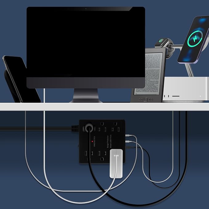 LIDER Outlet Extender with 6 Receptacles, USB-A & 2 USB-C, Angled Ultra-Thin Flat-Plug, 6-Outlet Power Strip, Surge Protector 1500 Joules, 5ft Cord, 1250W, ETL Listed, Matte Black