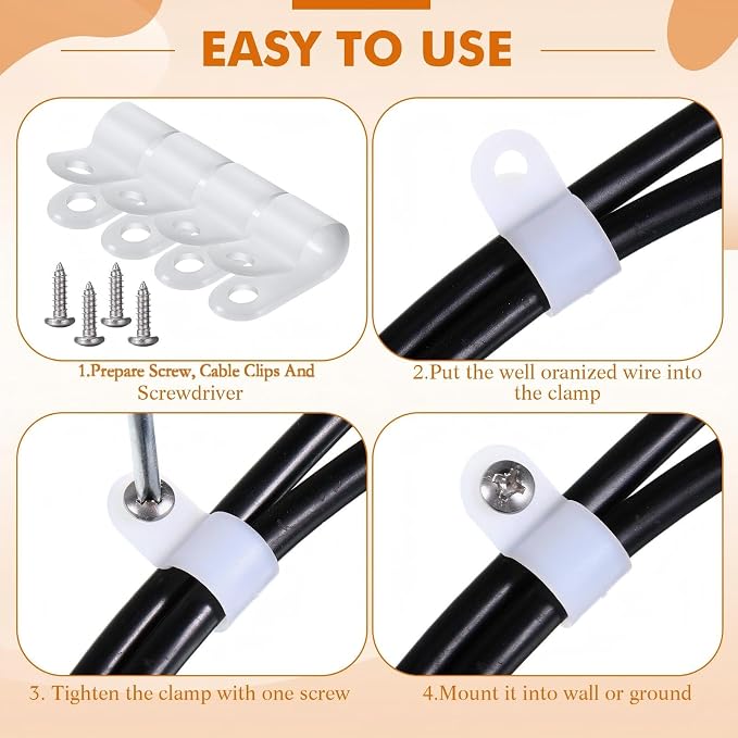 Hicarer 50 Pack R-Type Cable Clip Wire Clamp, Nylon Screw Mounting Cord Fastener Clips with 50 Pack Screws for Wire Management (White,3/8Inch)