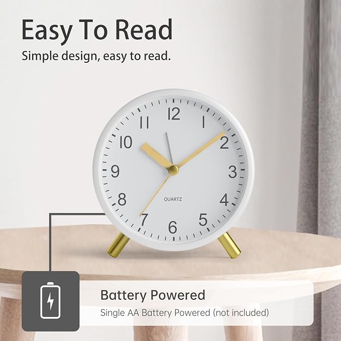 JALL Analog Alarm Clock, 4 inch Super Silent Non Ticking Small Clock with Night Light, Battery Operated, Simple Design, Easy Setting for Office, Bedroom, Bedside, Desk, Teens, Elders, Adult, White