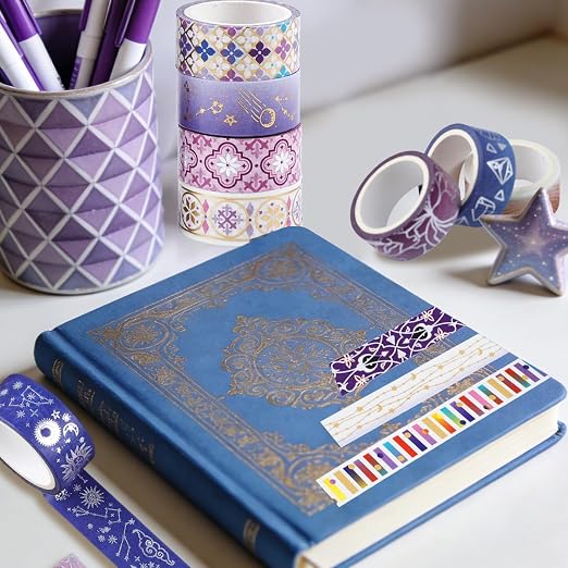 12 Rolls Galaxy Washi Tape Set Purple Stars Decorative Tapes Silver Gold Foil Masking Tape for Scrapbook Bullet Journal Planner DIY Art Craft Party Decor Gifts Wrapping
