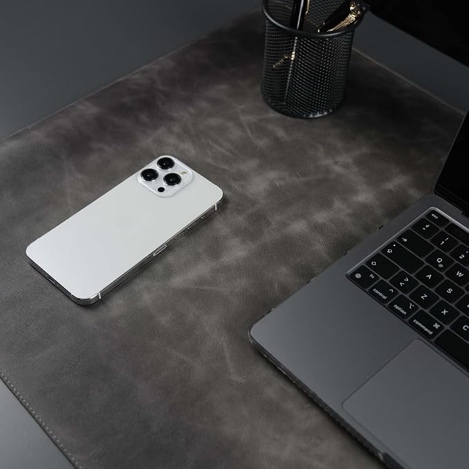 Jersey Genuine Calfskin Leather Desk Pad, Office Desk Mat with Non-Slip Bottom, Smooth Surface for Mouse & Keyboard, Desk Protector (36x19 inches) (Grey)