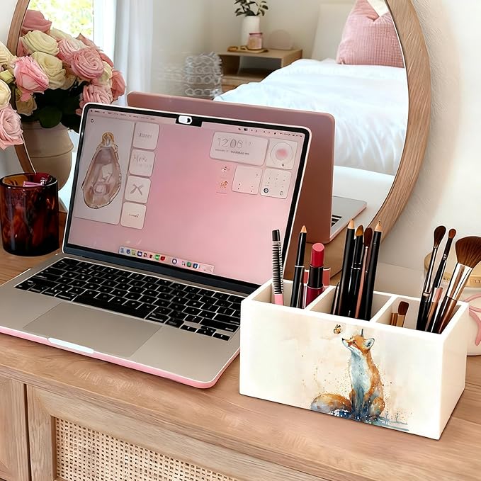 Fox Pen Pencil Holder for Desk Accessories, Fox Gifts for Women, Animal Lovers Gifts, Rustic Butterfly Wild Animal Wooden Box Sign Decorations for Kids Room Home Office Desk Tabletop