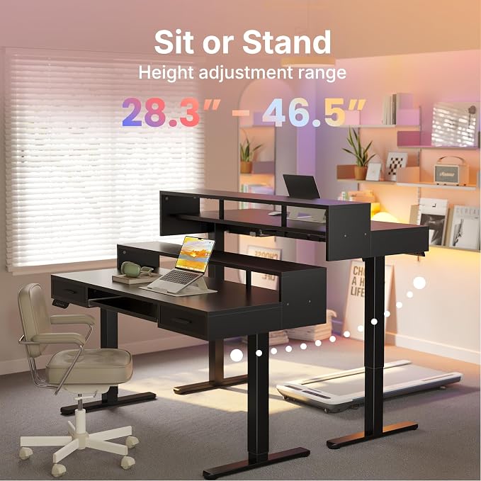 HUANUO 55″ x 26″ Electric Standing Desk with 2 Drawers &24.4″ Large Keyboard Tray, C-Clamp Mount Compatible, Adjustable Computer Desk for Office, Sit Stand Up Desk with 4 Height Presets, Black