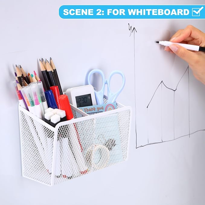 Sherr 3 Pcs Magnetic Pen Pencil Holder Set Magnets Wire Mesh Marker Holder Storage Basket for Locker Accessories Classroom Whiteboard Refrigerator and Home Wall, Macaron Color(White)
