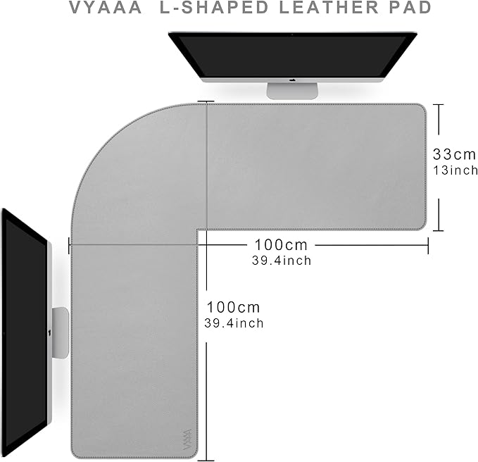 Vyaaa L Shaped Desk Mat Leather Desk Pad, PU Leather Corner Desk Mat for Computer, Gaming, Writing, Home and Office, 39.4"x 39.4"x 13" Light Gray