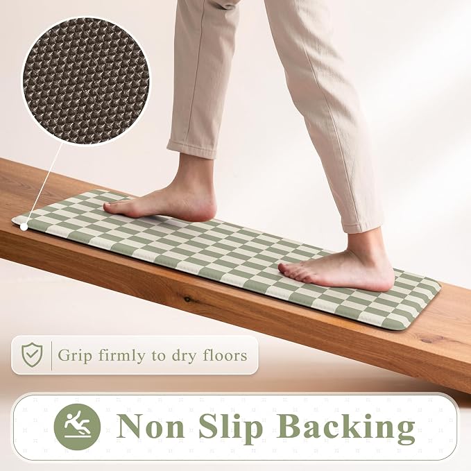KIMODE Anti Fatigue Kitchen Mats for Floor,Farmhouse Kitchen Rugs Sets of 2 | Cushioned Kitchen Floor Mats, Light Green Standing Desk Mat, Checkered Laundry Room Rugs for Bath Sink Home Summer Decor RV