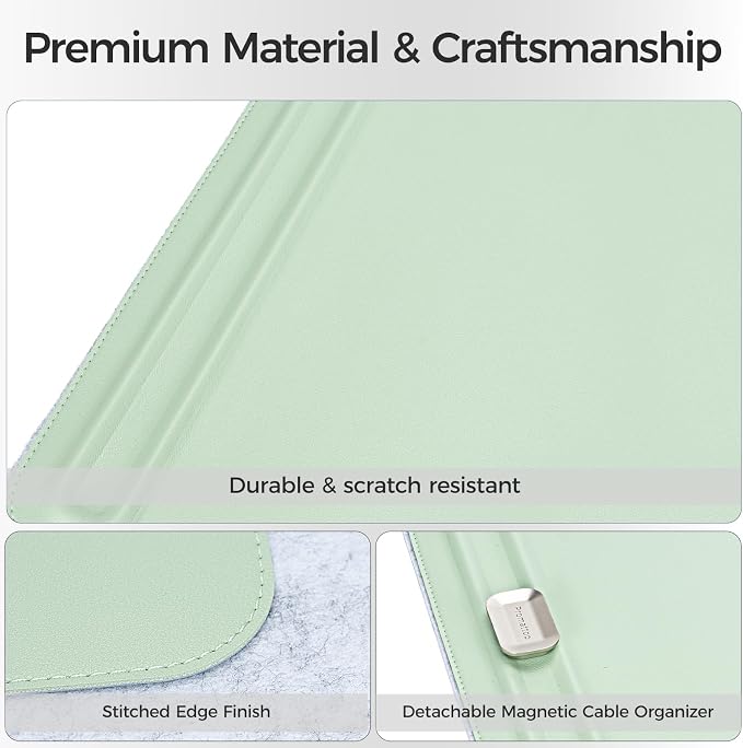 Premium Double-Sided Faux Leather Desk Pad – Non-Slip, Waterproof, with Magnetic Cable Organizer & File Storage – Designed for Offices & Creative Spaces – Durable & Easy to Clean（Green）