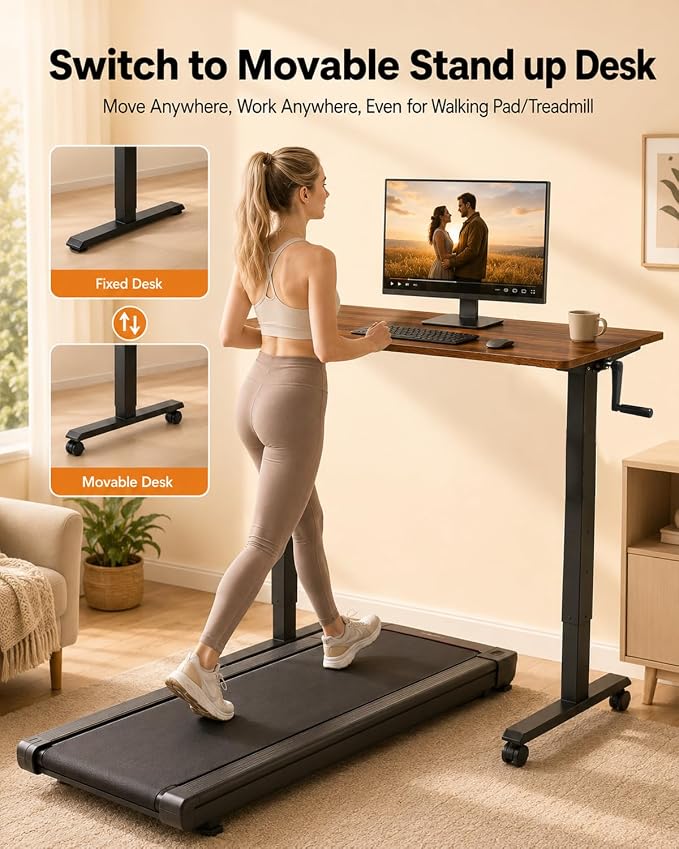 Whole Piece Manual Standing Desk Adjustable Height with Lockable Casters- Hand Crank Stand up Desk with Wheels, Mobile Sit to Stand Workstation with Handle