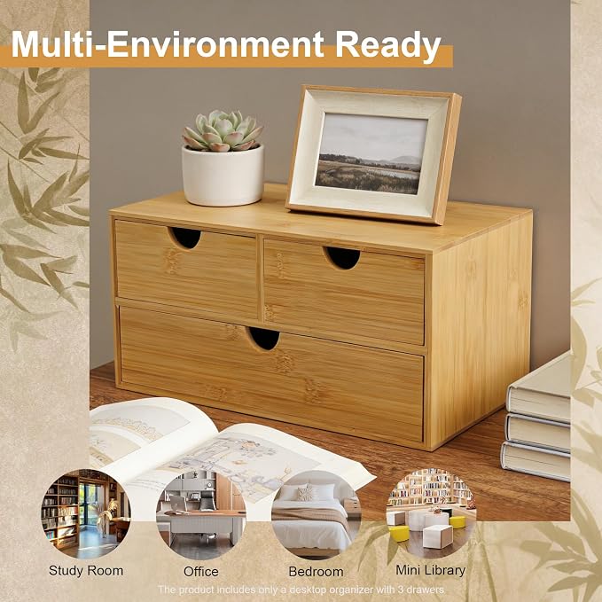 3 Drawers Bamboo Desk Organizer, Tabletop Storage Organization Multifunctional Desktop Organizer Office Wooden Drawer Mini Wood Desk Drawers Organizers for Home Office No Assembly Required