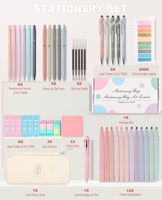 56 PCS Aesthetic School Supplies with Large Pencil Case, 5 Inspirational Ballpoint Pens, 12 Pastel Highlighters, 5 Black Ink Gel Pens, 6 Mechanical Pencils 0.5-0.7mm College Student Essentials (Beige)