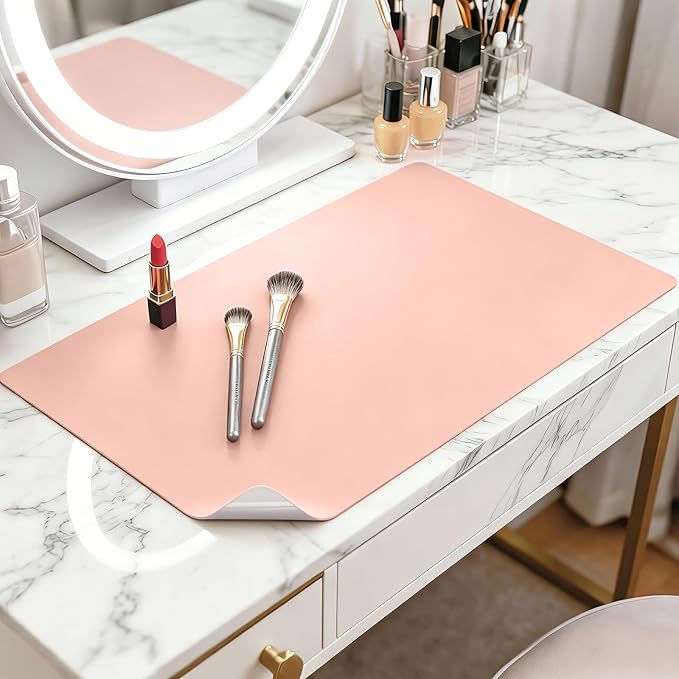 LovePads Makeup Mat for Vanity, 14 x 24 Dual-Sided Desk Pad & Vanity Cover Top, Waterproof PVC Protector Mat for Dresser, Nail Art, Craft Table (Pink+Silver)
