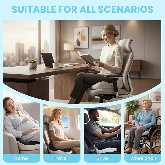 Seat Cushion, Memory Foam for Sit Bone and Back Pain Relief | Dual-Hole Ventilation, Coccyx,Sciatica and Tailbone Hip Relief ,Posture Support ,Office Chair and Car Seat,Home Use