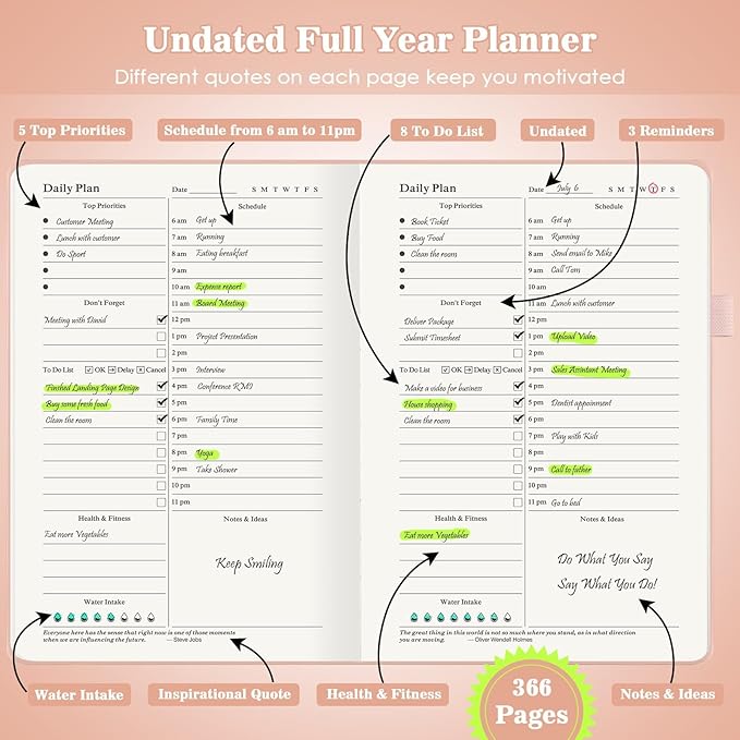 Undated Daily Planner 2024-2025, ADHD & Work Planner for Women & Men, Hourly Goal Setting, Hardcover, Start Anytime, A5, Pink