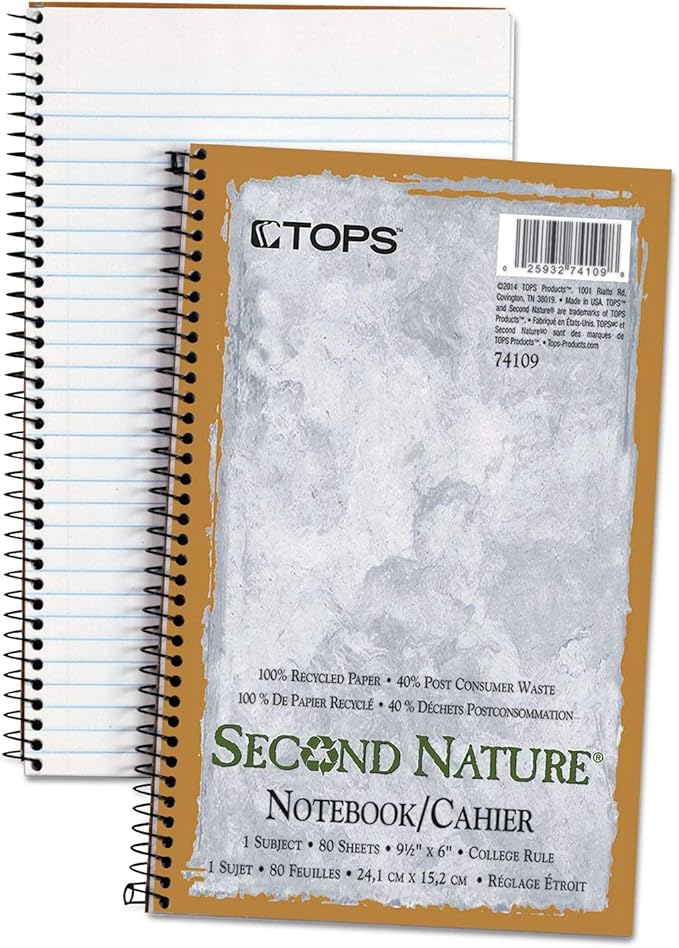 TOPS Second Nature Notebook, 9.5 x 6 Inch, College Ruled, 100% Recycled, 80 Sheets, Grey (74109)