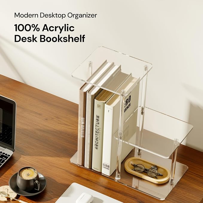 Acrylic Desktop Bookshelf, 7.9" D x 15" W x 15.3" H, Small Desktop Shelves Organizer, 3-Tier Clear Mini Table Top Shelf for Office Supplies and Desk Accessories, Easy Assembly