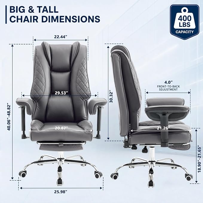 Big and Tall Office Chair，Heavy Duty Wide Executive Office Chair(Grey) | Breathable Leather，Double-layered Backrest，Seat Cushion Designed of Deluxe Embroidery Leather，Foot Rest, Adjustable Armrests