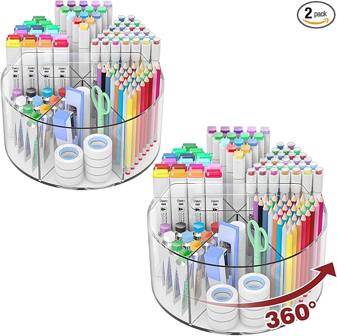 Absonic 500 PCS Acrylic Pencil Holder, 360 Rotating Clear Marker Organizer, Pen Crayon Marker Caddy Organizer for Desk, Desktop Storage and Organizer for Office School Art Supplies, 2 Pack