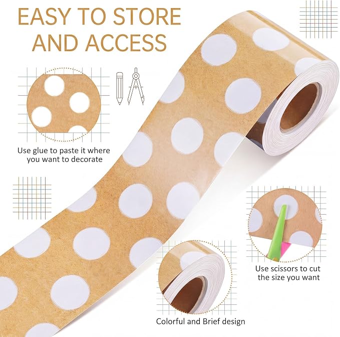 Zonon 65.6 Ft Kraft Bulletin Board Border White Polka Dots Themed Classroom Decor Straight Border Trim for Office Whiteboard Walls Desks Windows Doors Lockers