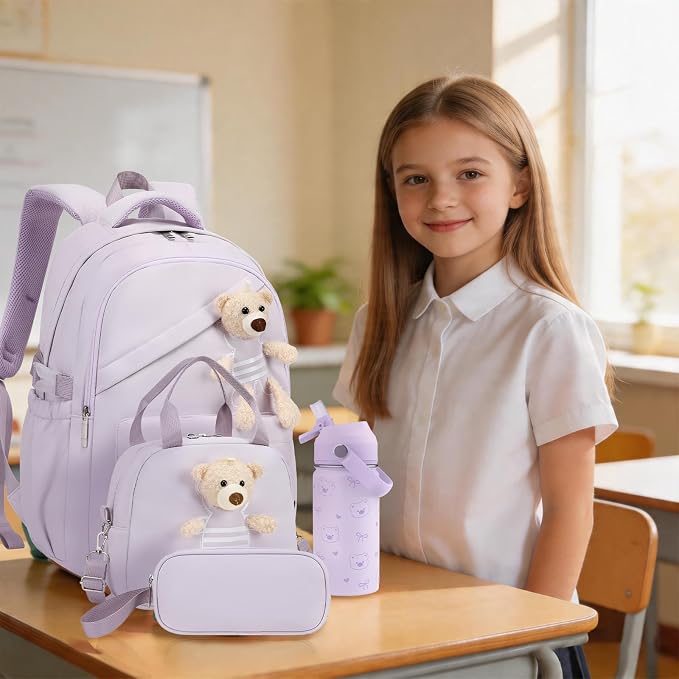 ACESAK Backpack for Girls with Insulated Water Bottle - 4 PCS Cute Girls Backpack with Lunch Box, Pencil Case & Kids Cup Set - 14oz Kids Water Bottle with Straw Set Back to School Supplies (Purple)