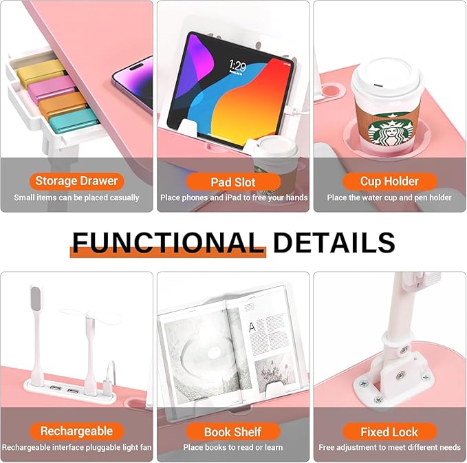 Lap Desk for Bed, Adjustable Laptop Desk with USB Charging Port, Storage Drawer & Bookshelf — Foldable Bed Desk for WFH & Students, 23.6" Desktop Fits 20" Laptop, Non-Slip, Pink