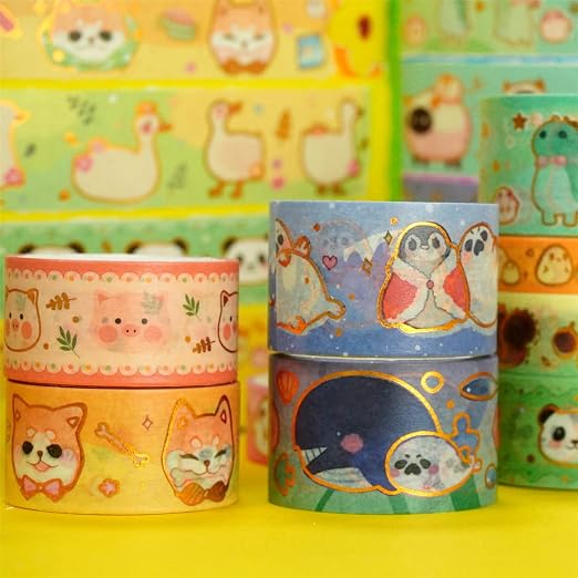 Cute Pets Washi Tape Set 13 Rolls Wide Gold Embellishment Decorative Masking Tapes for Arts, DIY Crafts, Journals, Planners, Scrapbook, Wrapping (Animal Kindergarten)
