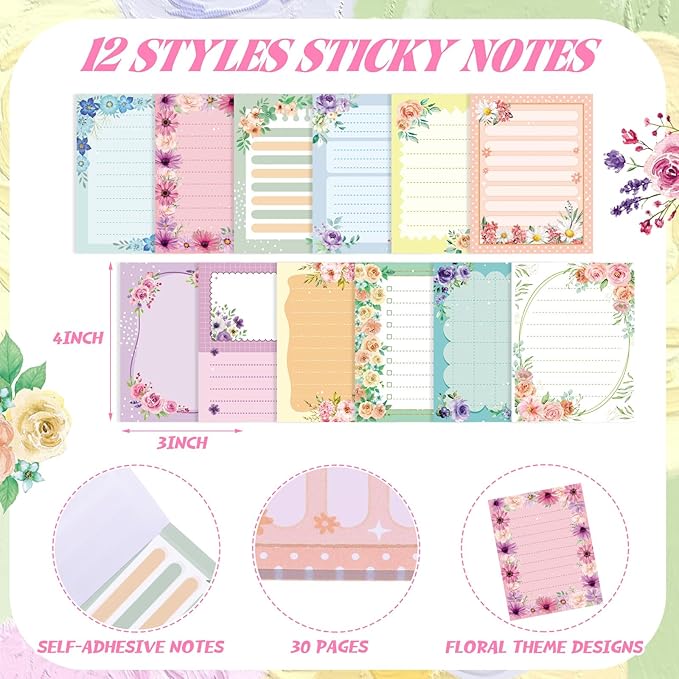12 Pads Cute Sticky Notes Flower Sticky Notes 3 x 4 Inches Colored Adhesive Memo Reminder Decor Floral Memo Pads Flower Notepads for Journal Office Birthday Gifts